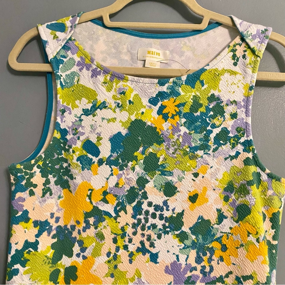 Maeve Floral Textured Boat Neck Scoop Tank Top in Yellow, Green & Lavender Sz S - Picture 4 of 9
